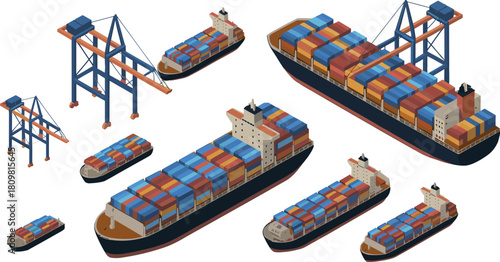 Isometric illustration of cargo ships and container port with cranes, shipping logistics, maritime transport, and global freight transportation concept