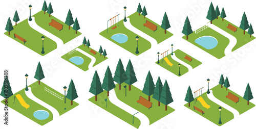 Isometric illustration of city park layouts with benches, trees, playgrounds, and walking paths, concept of urban design and green space planning