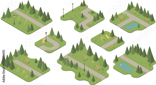 Isometric illustration of city park layouts with benches, trees, playgrounds, and walking paths, concept of urban design and green space planning