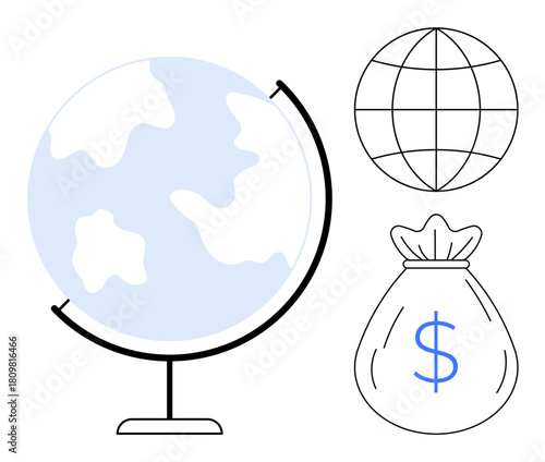 Earth globe on stand, minimalist grid sphere, and money bag illustration for finance, trade, investment, globalization, economic growth, international business and sustainability. Modern flat