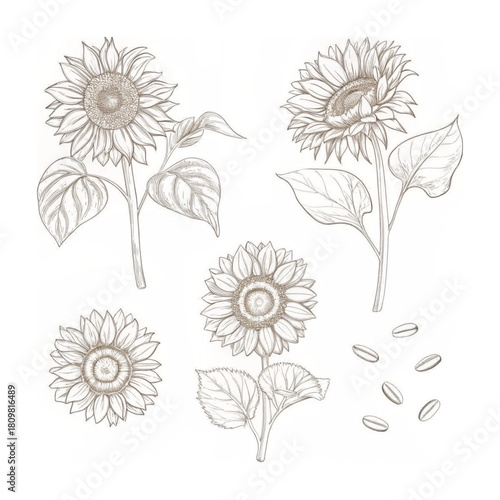 Vector sunflowers and autumn leaves illustrations set in line art style graphic monochrome drawing hand drawn floral outline sketch engraved illustration for coloring book tattoo logo icon
