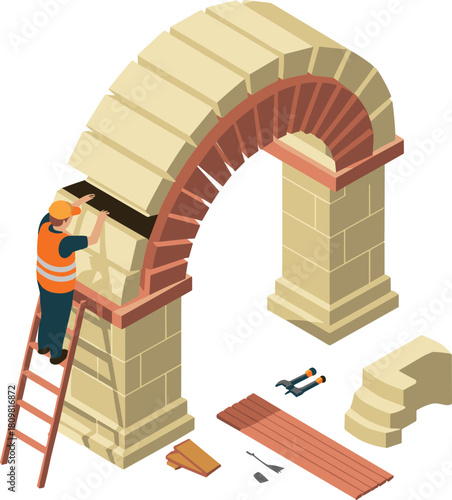 Isometric illustration of construction worker building stone arch with ladder and tools, concept of architecture, masonry, engineering, and craftsmanship