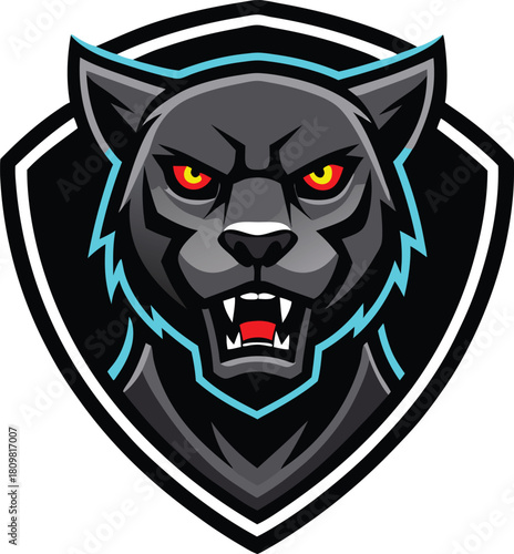 Fierce black panther head emblem with glowing eyes isolated on white background