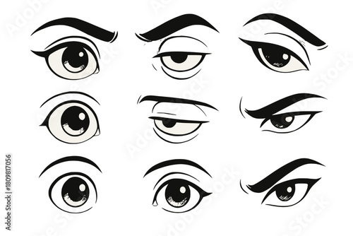 A compilation of stylized cartoon-realistic eyes, each rendered with unique curvature and linework, white background