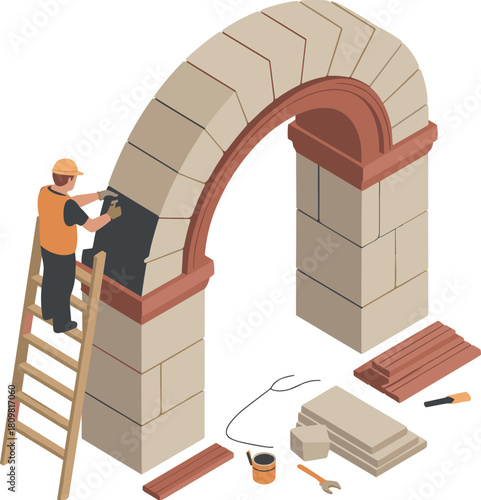 Isometric illustration of construction worker building stone arch with ladder and tools, concept of architecture, masonry, engineering, and craftsmanship