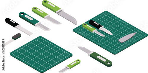 Isometric illustration of craft knives and cutting mats with green handles, precision tools for art, design, hobby, and crafting projects