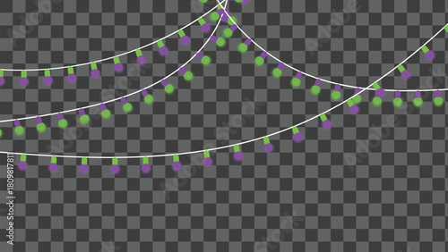 Hanging string of purple and green mardi gras or carnival light bulb