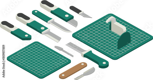 Isometric illustration of craft knives and cutting mats with green handles, precision tools for art, design, hobby, and crafting projects