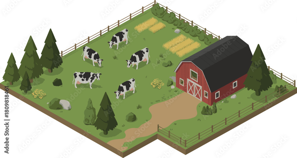 Obraz premium Isometric illustration of dairy farm scene with cows grazing near red barn