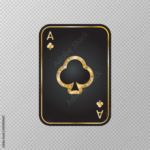 Golden playing card isolated on transparent background. Ace of  clubs. Black gaming card with golden elements and diamonds. Gambling games symbol. Poker image. Gaming cards. Vector illustration. 