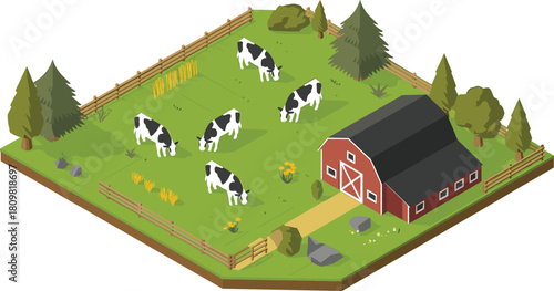 Isometric illustration of dairy farm scene with cows grazing near red barn