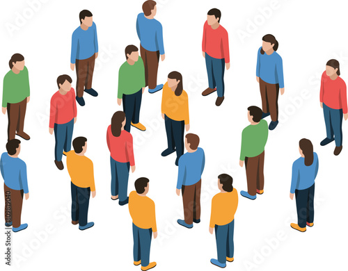 Isometric illustration of diverse group of people standing together, representing community, teamwork, social interaction, and human connection concept