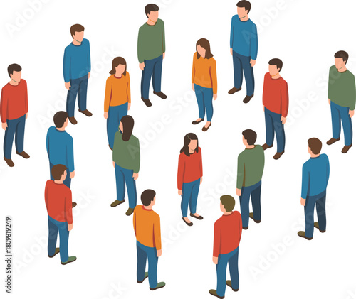 Isometric illustration of diverse group of people standing together, representing community, teamwork, social interaction, and human connection concept