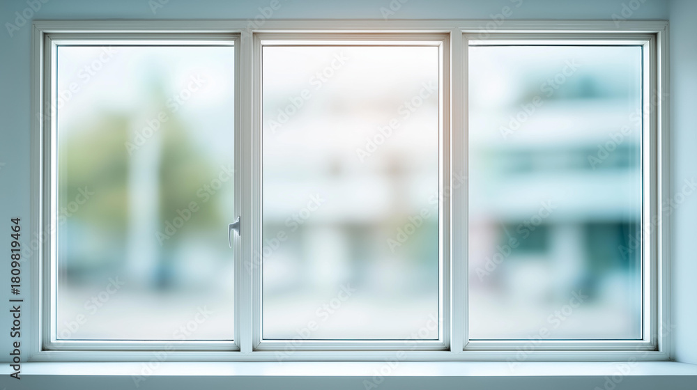 Fototapeta premium Three panel aluminum casement window defocused white wall, faceless window display, installation visualization detail, blurred clean background, modern window concept, residential