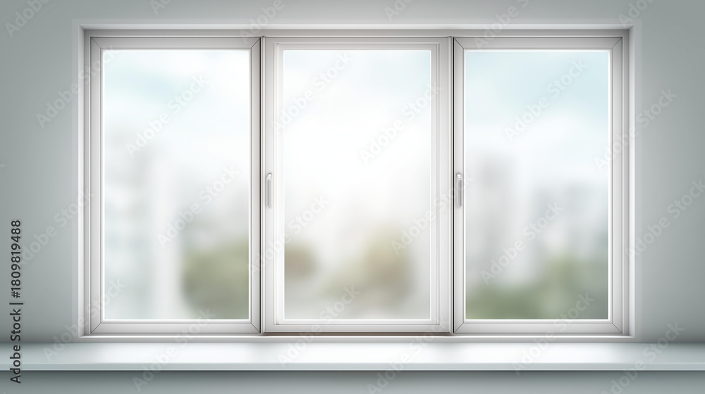 Fototapeta premium Three panel aluminum casement window defocused white wall, faceless window display, installation visualization detail, blurred clean background, modern window concept, residential