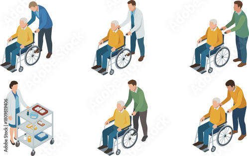 Isometric illustration of elderly patient care, wheelchair assistance, doctor and caregiver helping senior person, medical support, healthcare and rehabilitation concept