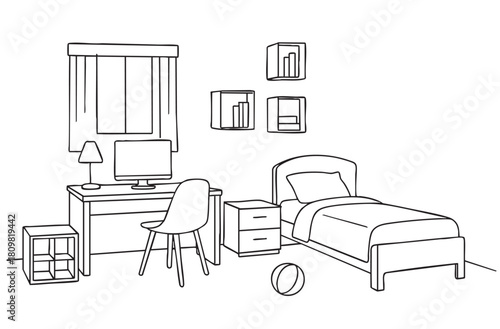 Children room graphic black white home interior sketch illustration vector