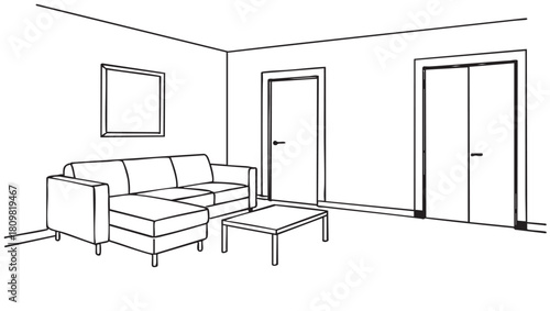 Sketchy linear illustration of living room interior with door