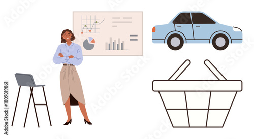 Confident businesswoman standing by a chart with market data, alongside icons of a car and shopping basket. Ideal for business strategy, analysis, shopping trends, car sales, marketing, retail