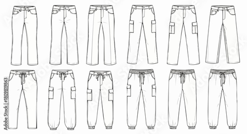 Assortment of Pants - Jeans, Cargo, and Joggers in Line Art.