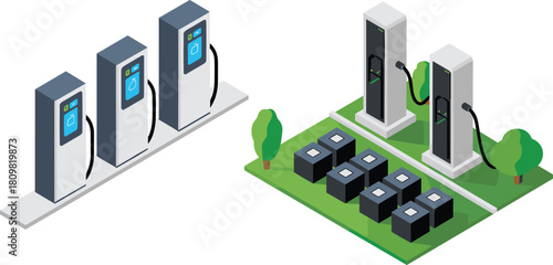 Isometric illustration of electric vehicle charging stations with power units, eco energy technology, EV chargers, sustainable transportation infrastructure design