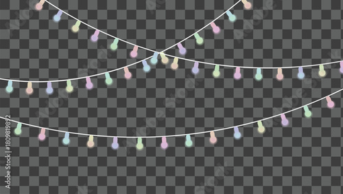 Pastel colored string light garland decoration on transparent background