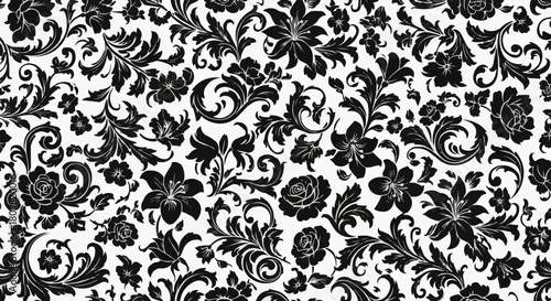 Elegant Black and White Floral Damask Pattern Design.