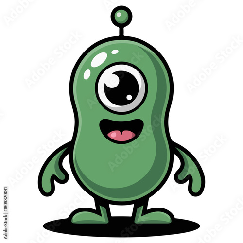 A friendly green alien with a single eye, smiling happily. This cute, cartoonish extraterrestrial is a delightful character