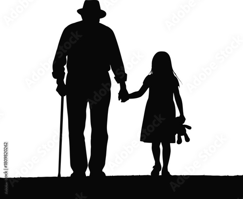A powerful silhouette depicting an elderly man with a cane and a young girl holding hands, beautifully illustrating the profound intergenerational connection and lasting family bonds