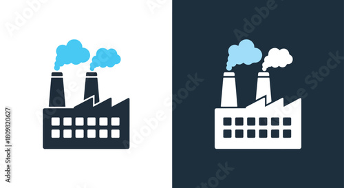 Factory with smoke stacks and clouds - Vector icon symbol for website - Icon vector - Blue icon vector - Line and glyph solid icon and logo template