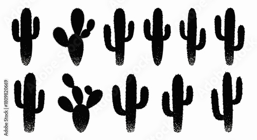 Collection of black cactus silhouettes on a white background, desert plants.
