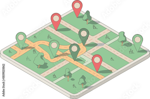 Isometric illustration of GPS map with red and green location pins, city streets, and trees representing navigation and route planning