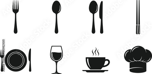 Collection of diverse kitchen and dining utensils and food service icons Vector