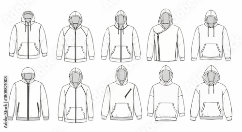 Collection of various hoodie designs for fashion illustration and apparel design.