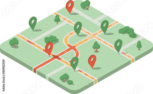 Isometric illustration of GPS map with red and green location pins, city streets, and trees representing navigation and route planning