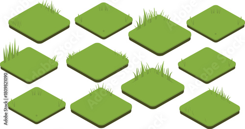 Isometric illustration of green grass patches on soil, showing various growth stages and textures, perfect for landscape design and 3D modeling