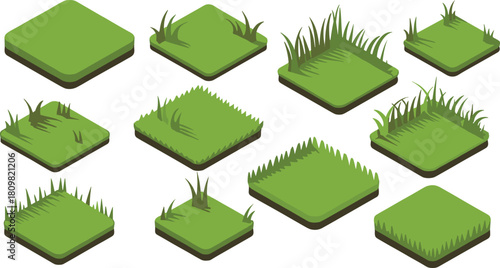 Isometric illustration of green grass patches on soil, showing various growth stages and textures, perfect for landscape design and 3D modeling