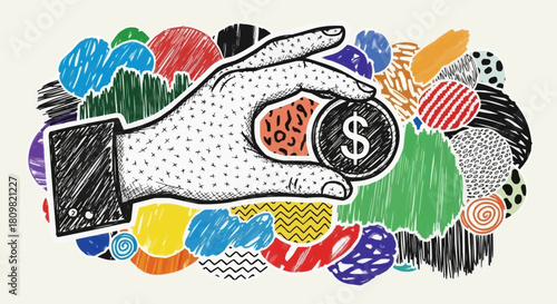 Hand holding a coin with a dollar sign.