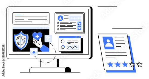 Computer monitor with health data dashboard, medical insurance, and user profile metrics. Ideal for healthcare, technology, data management, insurance, analytics, HR recruitment flat metaphor