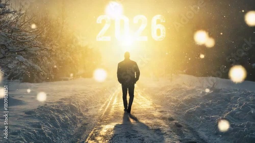 Man walking on a snow-covered road towards a bright light symbolizing the year 2026, representing hope and a new path