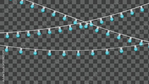 String of glowing cyan blue holiday light bulbs on a transparent background