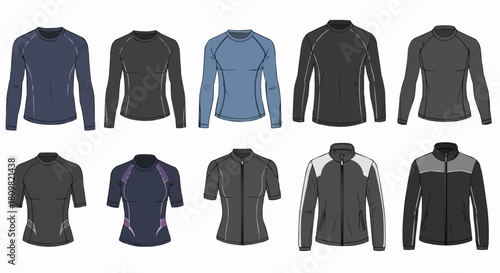Collection of athletic apparel for various sports and activities.