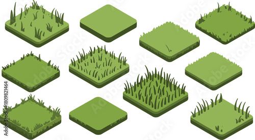 Isometric illustration of green grass patches on soil, showing various growth stages and textures, perfect for landscape design and 3D modeling
