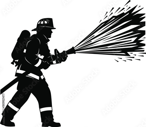 Bold graphic silhouette of a brave firefighter actively combating an emergency, directing a powerful water stream from a hose, symbolizing protection, readiness, and public service