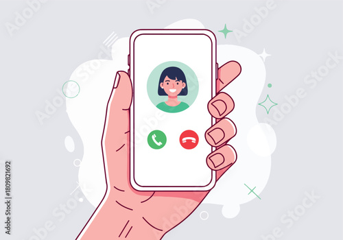 Person holding smartphone receiving incoming call notification - Flat Vector Illustration, icon. Editable stroke. Colored vector illustration