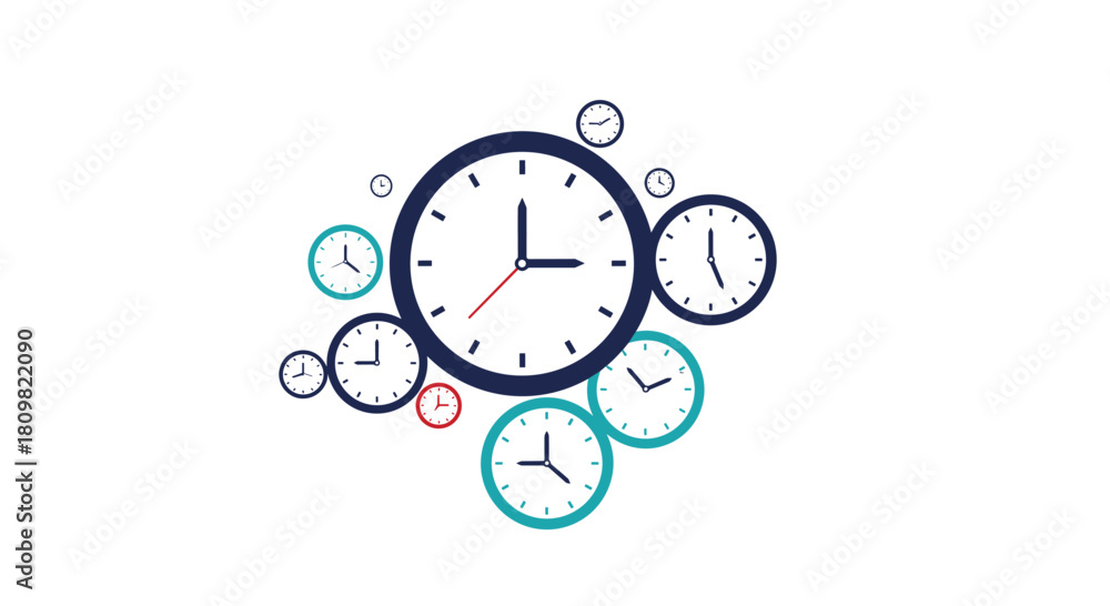Fototapeta premium A collection of various analog clocks in different sizes and colors floating on a white background representing the passage of time.