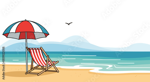 A peaceful and simple cartoon illustration of a beach scene with a lounge chair umbrella and a bird flying over the sea.