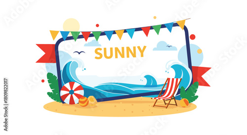 A festive summer beach party frame design with waves a lounge chair colorful flags and tropical plants for your text.