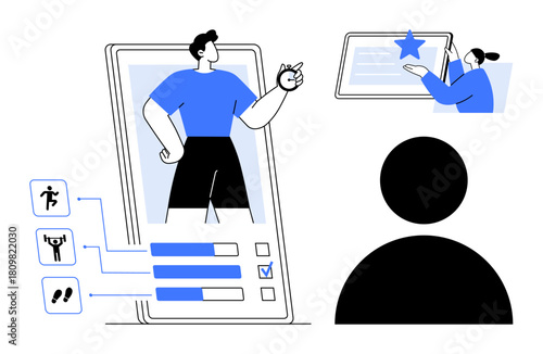 Large smartphone displaying fitness profile with activities and goals. User and social sharing. Ideal for health, goals, tracking, motivation, mobile apps, analytics progress. Minimal flat metaphor