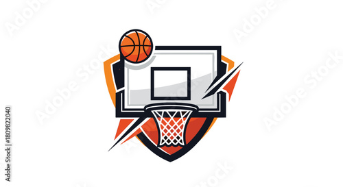 A modern basketball sport logo or emblem featuring a ball backboard and net set within a dynamic and angular shield design.